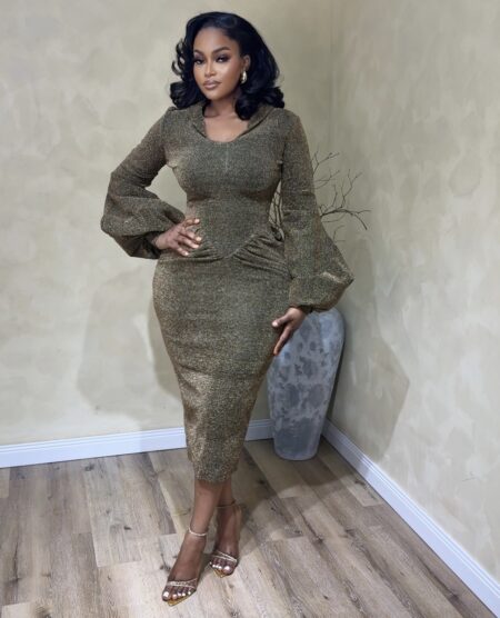 Gold Statement Sleeve Midi Dress (Dress Stretches)