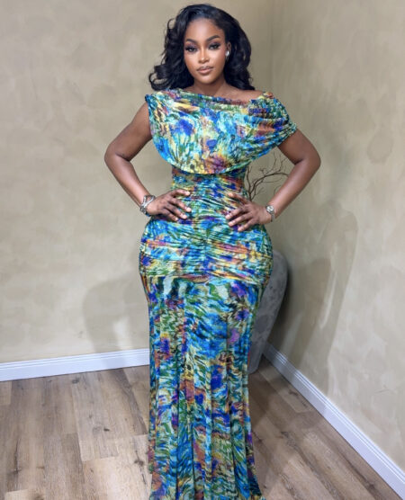 Blue Multiprint Asymmetric neck Dress (Dress Streches)