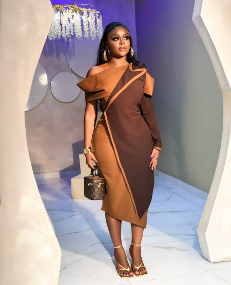 COLOR BLOCK BROWN ASYMMETRIC STATEMENT MIDI DRESS
