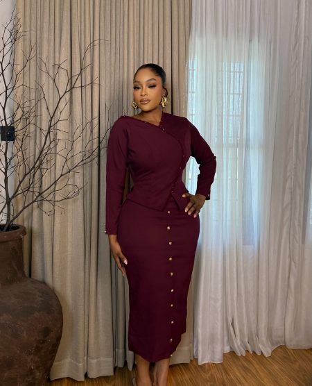 WINE STATEMENT Crystal DETAILED TOP AND BUTTON FRONT SKIRT SET ( Stretches A Little)
