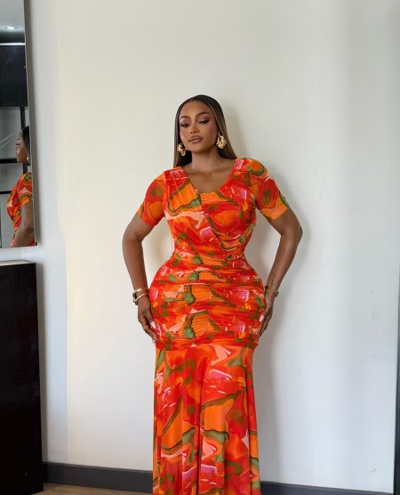 Orange Print Drape Top Style Ruched Bottom Dress ( Dress Streches