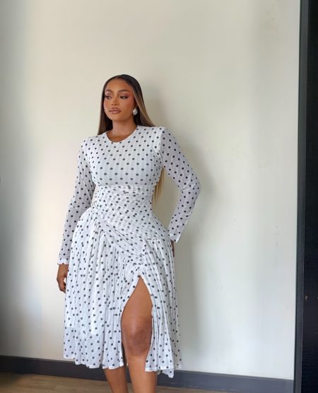 White Polkadot Ruched Front Slit Skater Dress ( Dress Stretches)