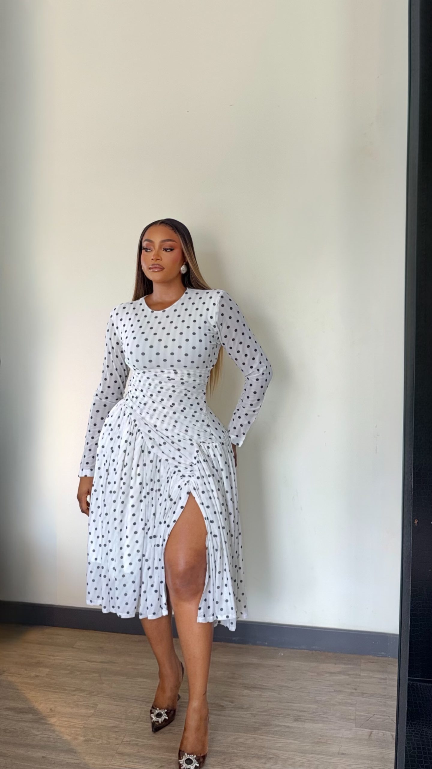 White Polkadot Ruched Front Slit Skater Dress ( Dress Stretches)