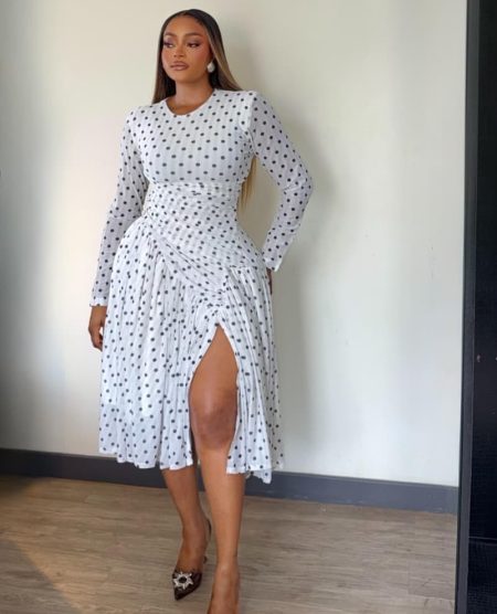 White Polkadot Ruched Front Slit Skater Dress ( Dress Stretches)