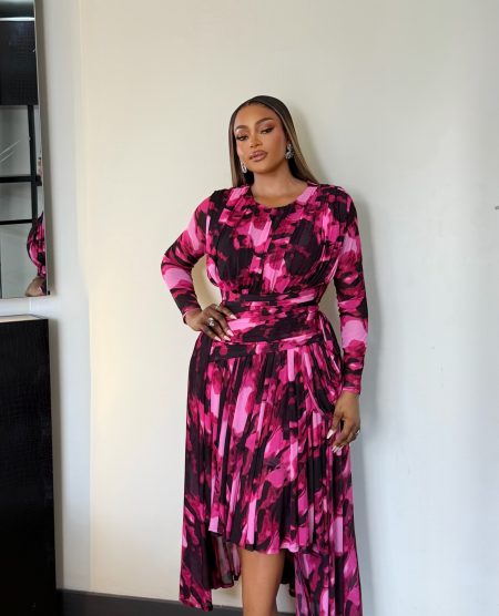 PURPLE PRINT ASYMMETRIC RUCHED DRESS
